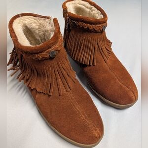 Minnetonka Women’s Suede Fringe - Brown High Top Side Zip Ankle Boots Size 10